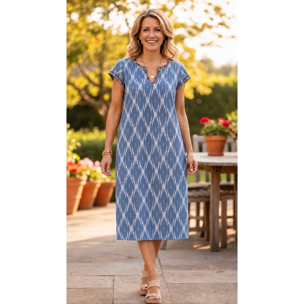 Pure Jill XS Blue Ikat Cotton Shift Dress Embroidered Split Neck Midi Beach